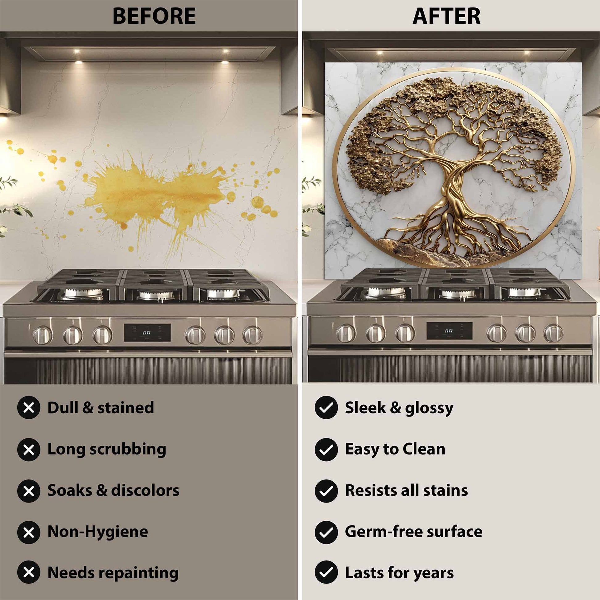 Before and after comparison of a kitchen stove with a decorative kitchen backsplash