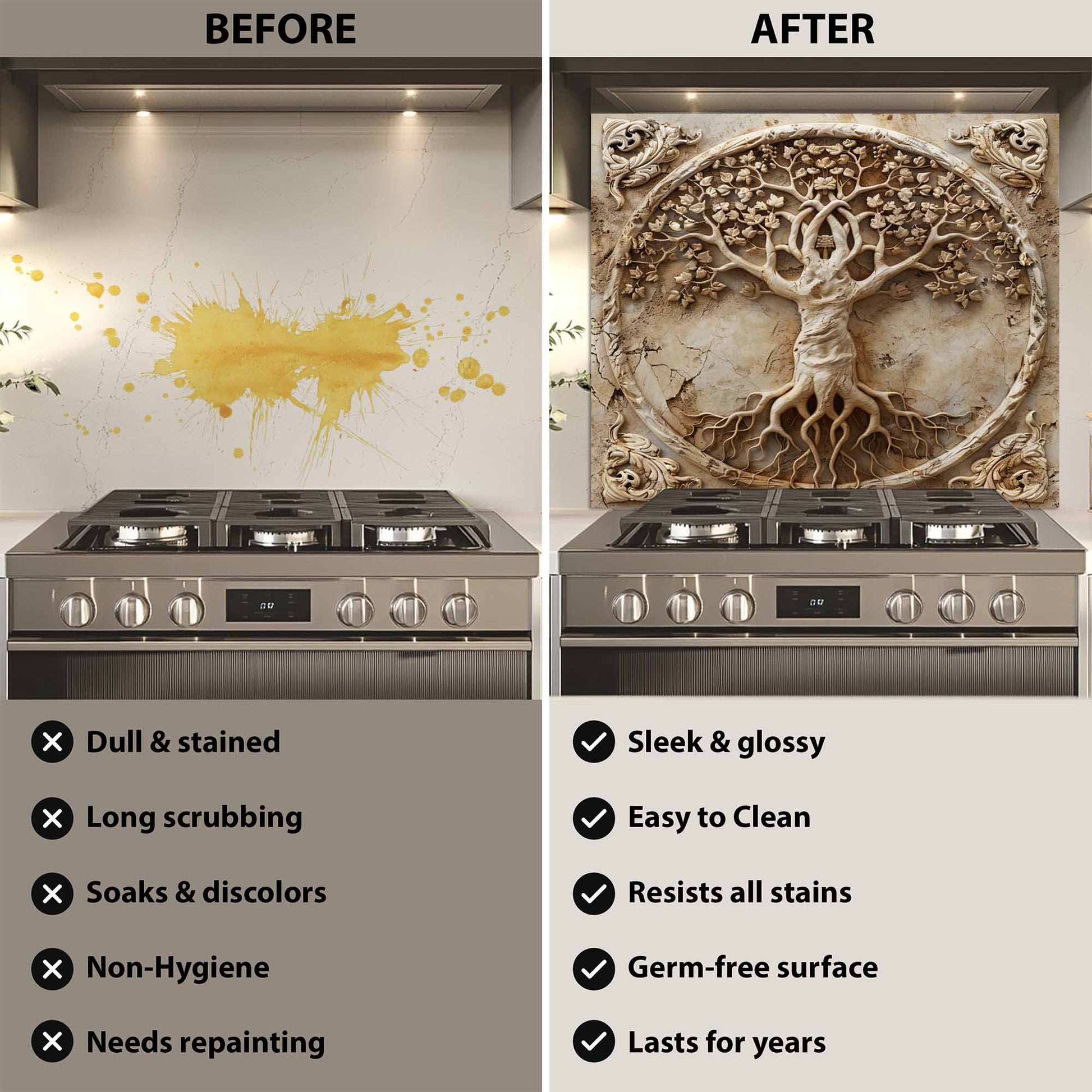 Before and after comparison of a kitchen stove with a decorative backsplash.