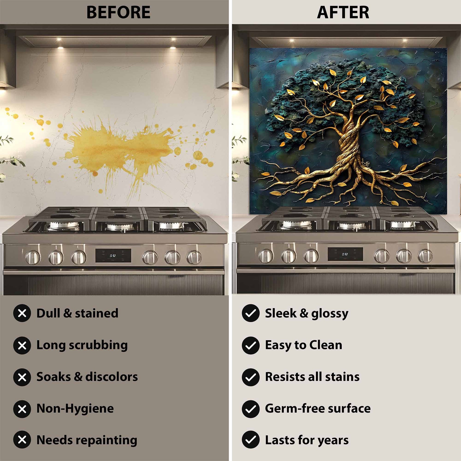 Before and after comparison of a kitchen wall with a decorative tree mural.