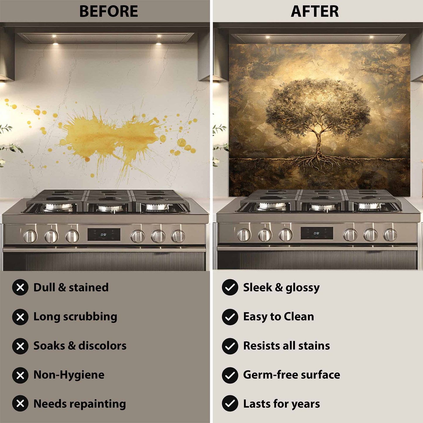 Before and after comparison of a kitchen backsplash with a tree design.