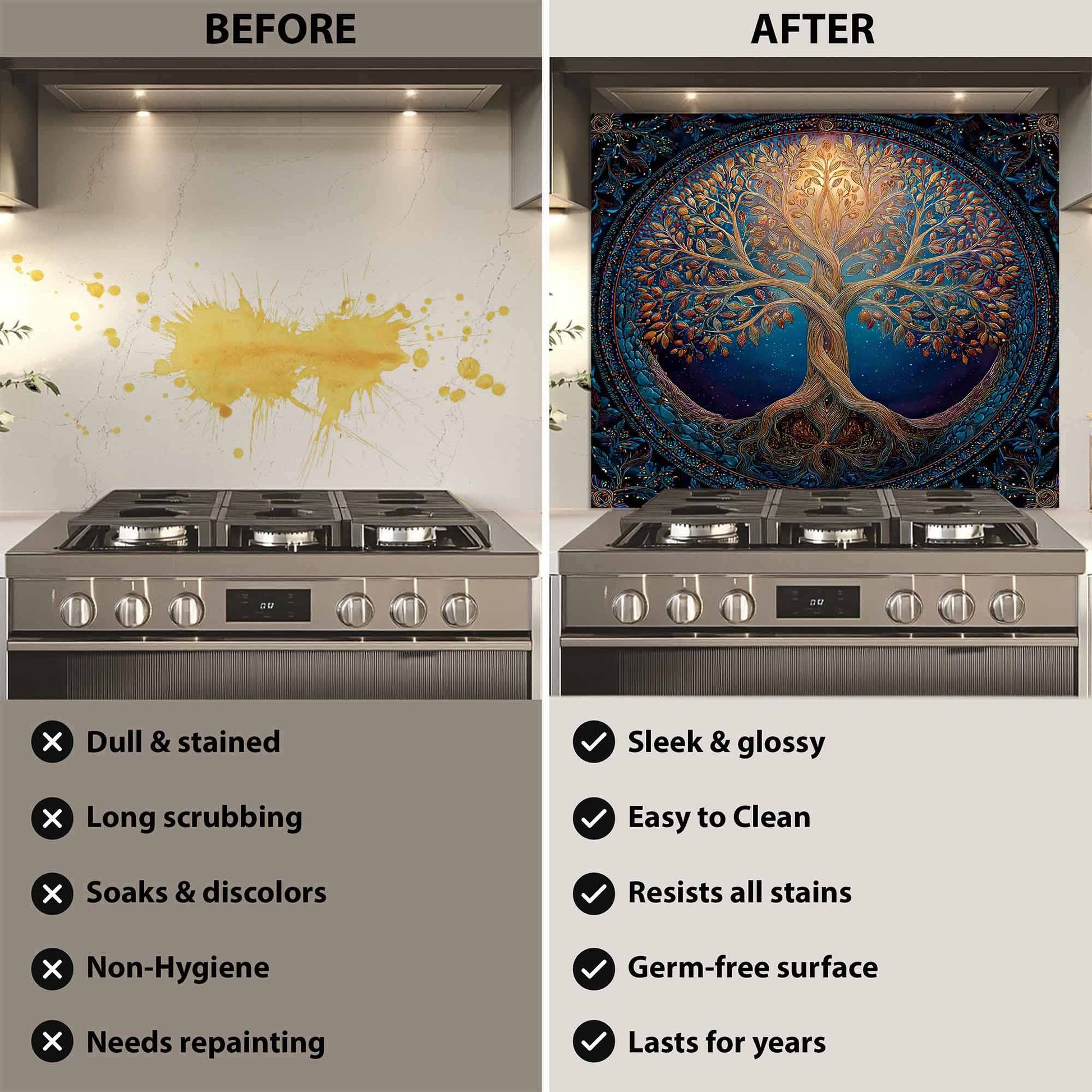 Before and after comparison of a kitchen stove with a decorative wall mural.