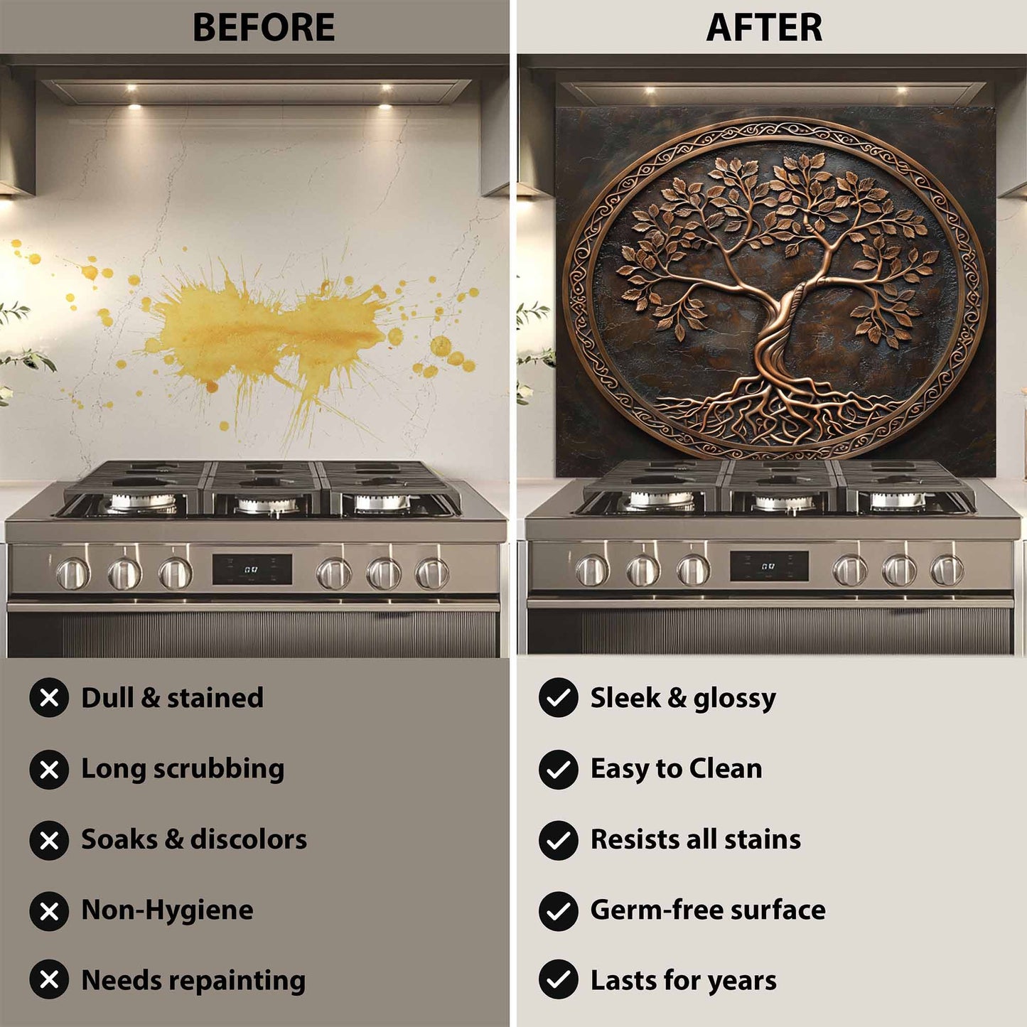 Bronze Circle Tempered Glass Backsplash – Copper Look Tree of Life Kitchen Backsplash