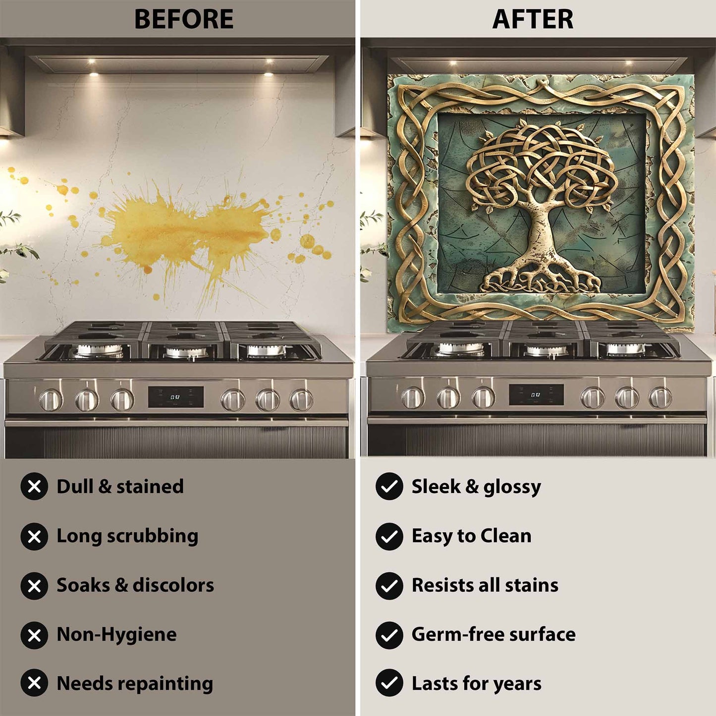 Before and after comparison of a kitchen stove with decorative glass backsplash.