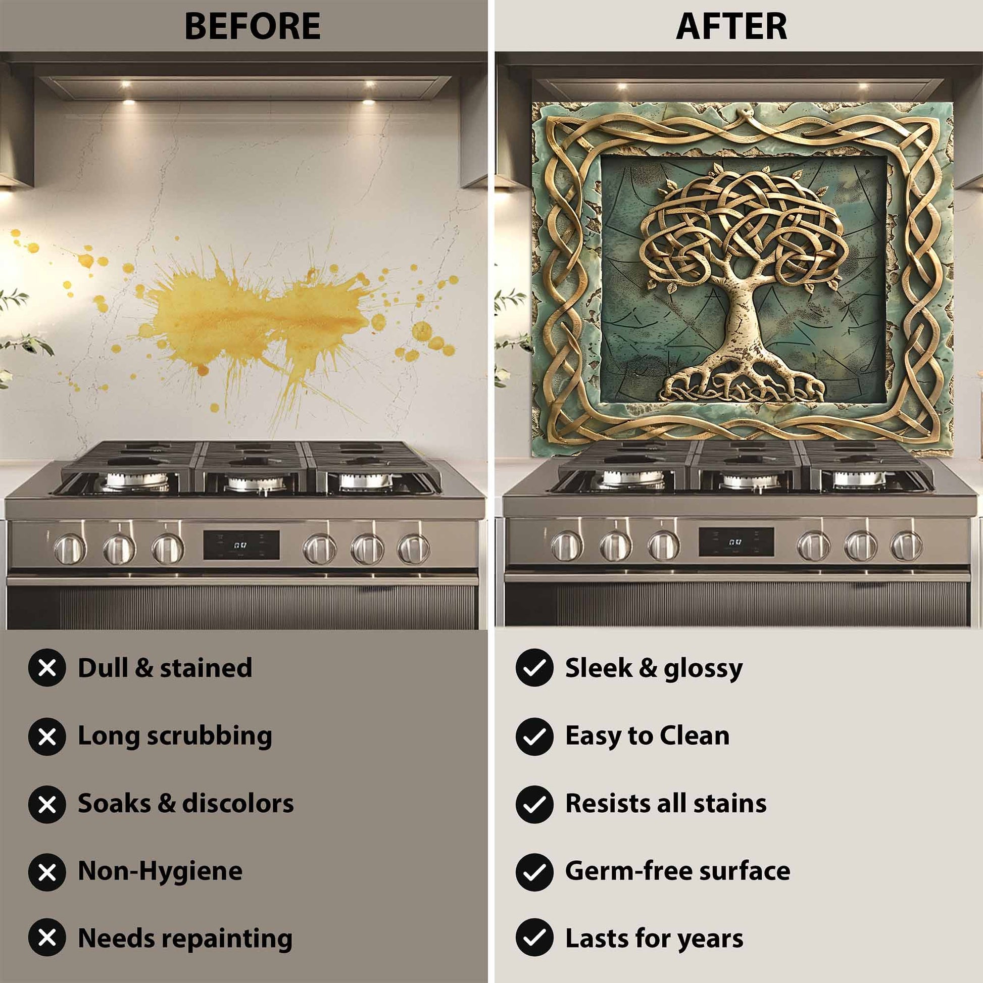 Before and after comparison of a kitchen stove with decorative glass backsplash.