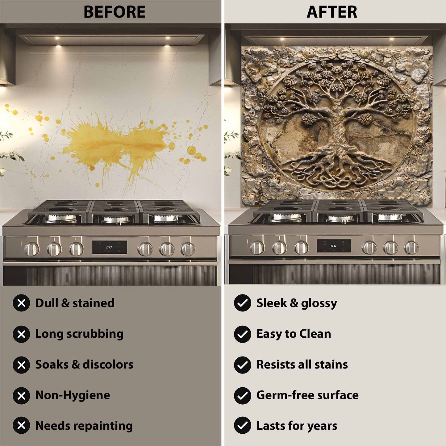 Before and after comparison of a kitchen stove with a decorative glass backsplash.