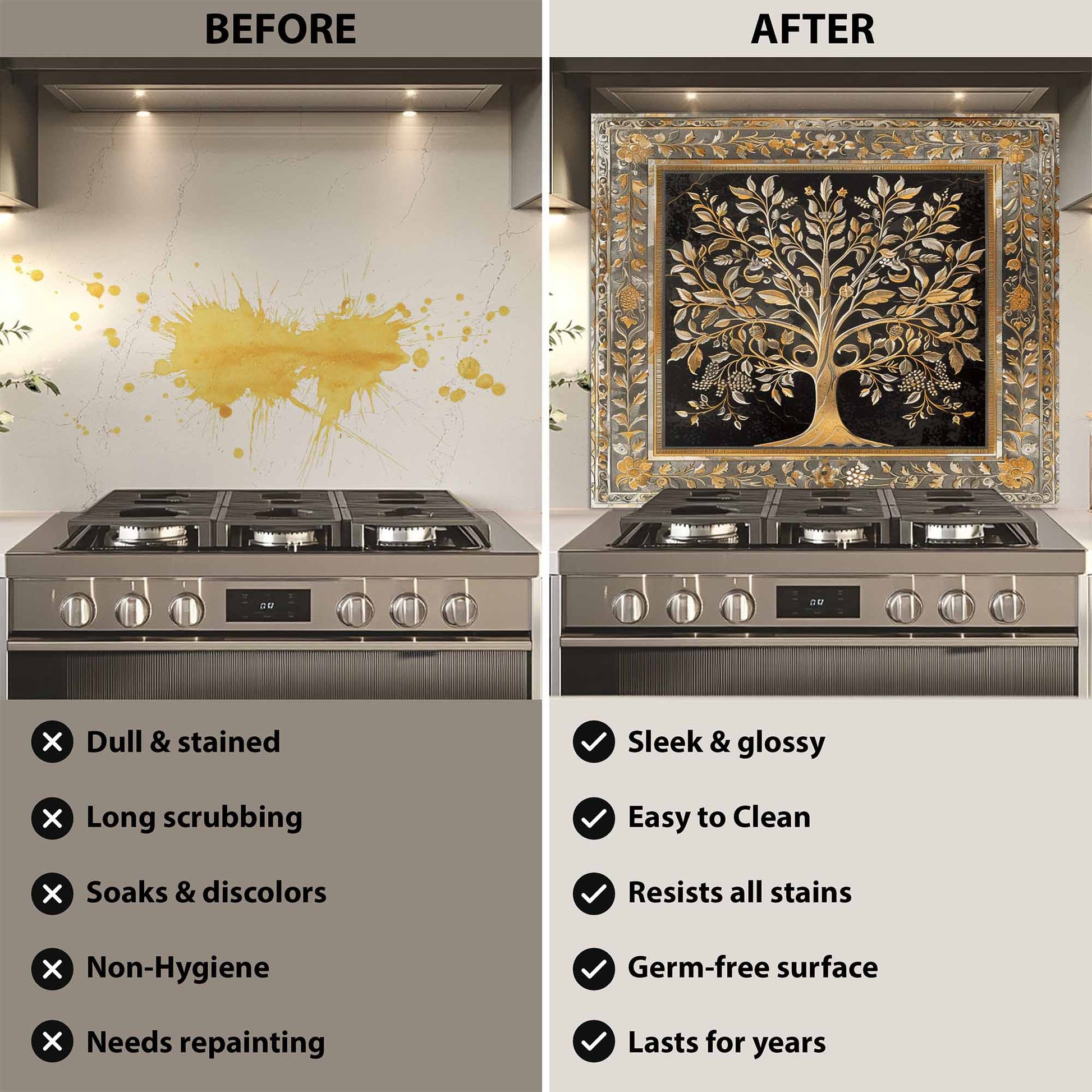 Before and after comparison of a stove with a decorative backsplash.
