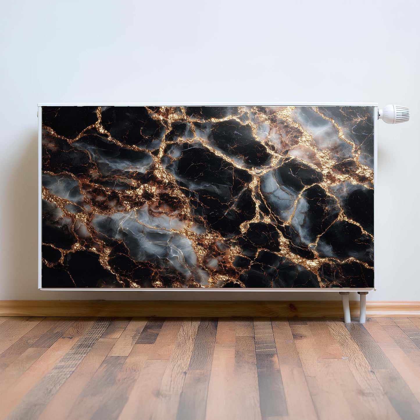 Marble-patterned magnetic radiator cover against a white wall with wooden flooring.