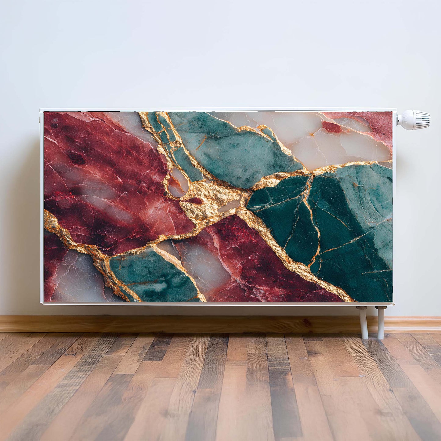 Marble-patterned magnetic radiator cover with gold accents on a wall.