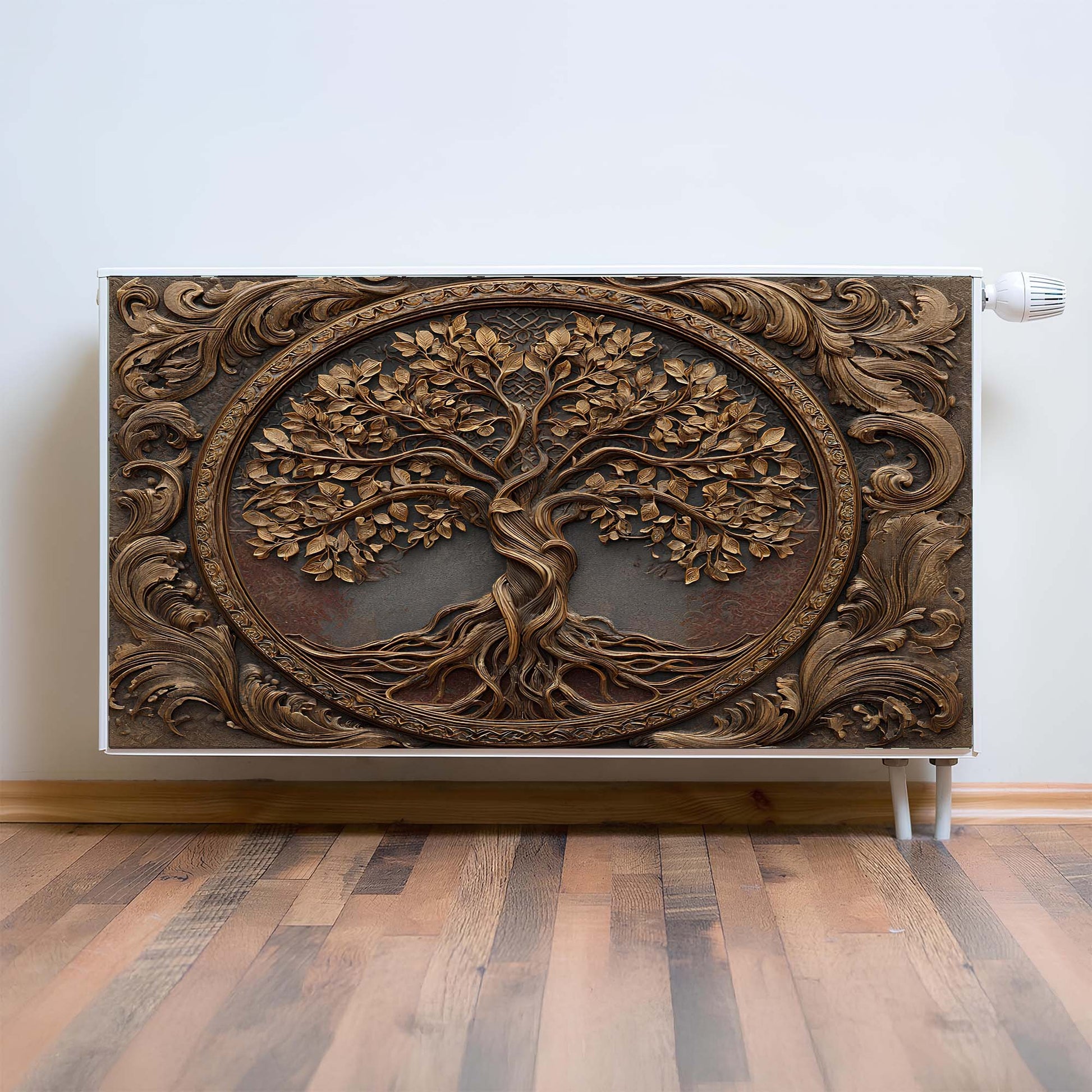 Decorative magnetic radiator cover with tree design on a radiator against a white wall.