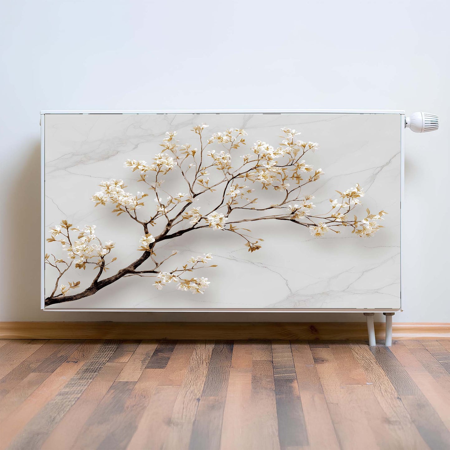 Decorative magnetic radiator cover with a floral design on a light-colored wall.