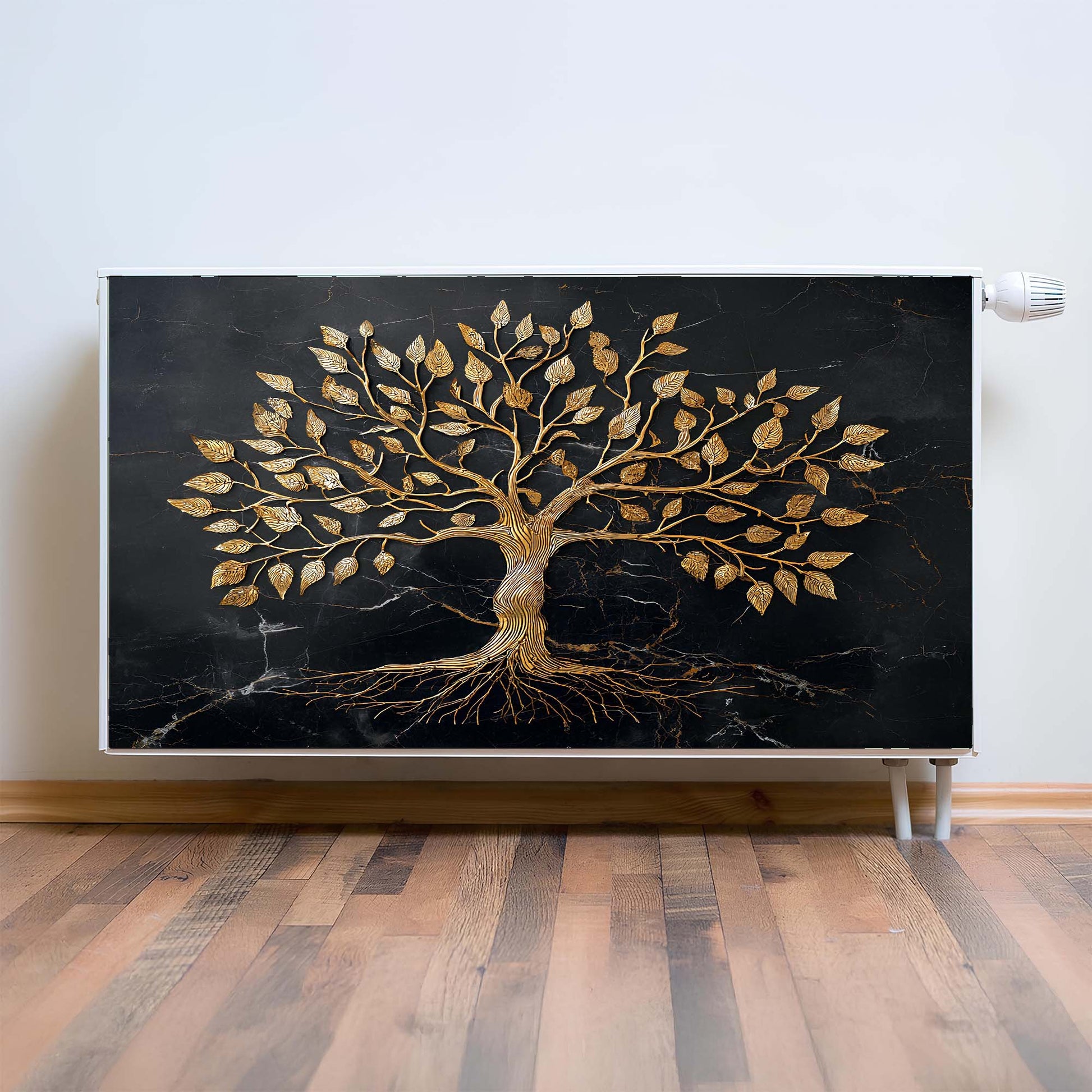 Decorative magnetic radiator cover with a tree design on a black background