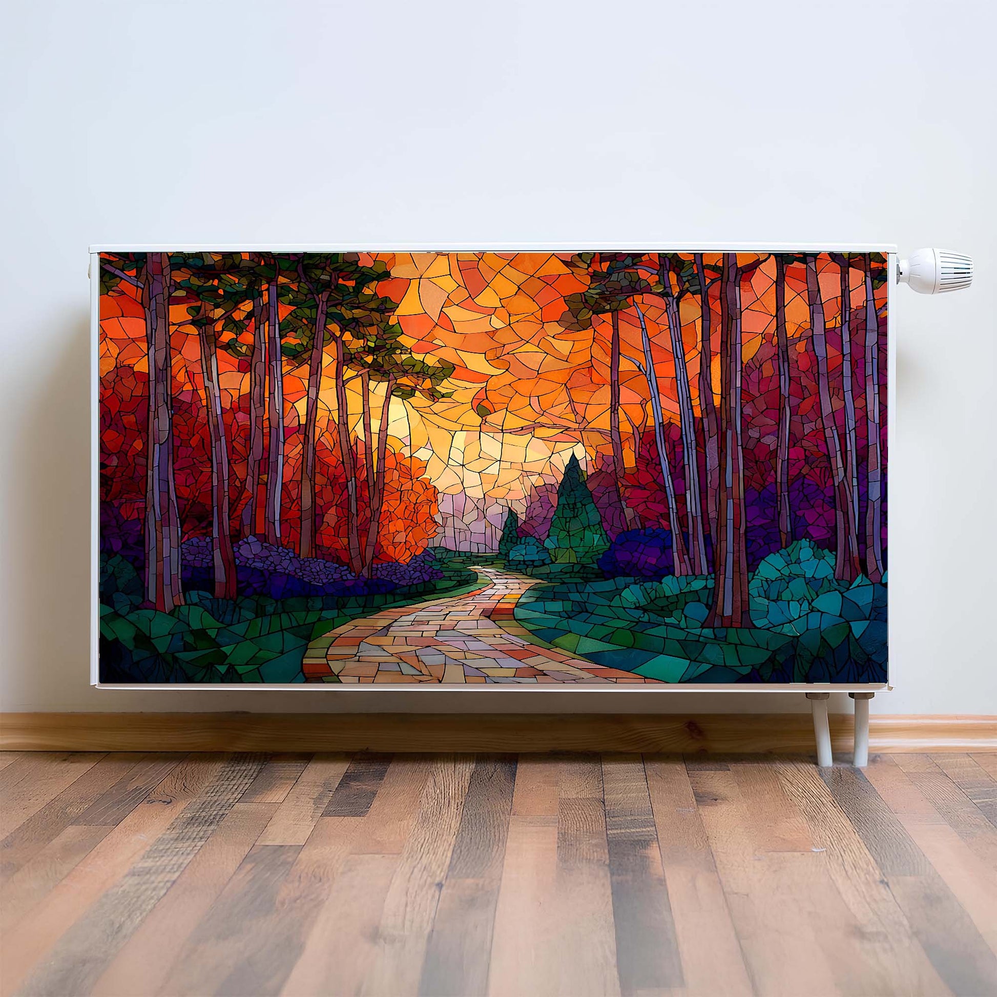 Colorful stained glass-style forest scene on a magnetic radiator cover.