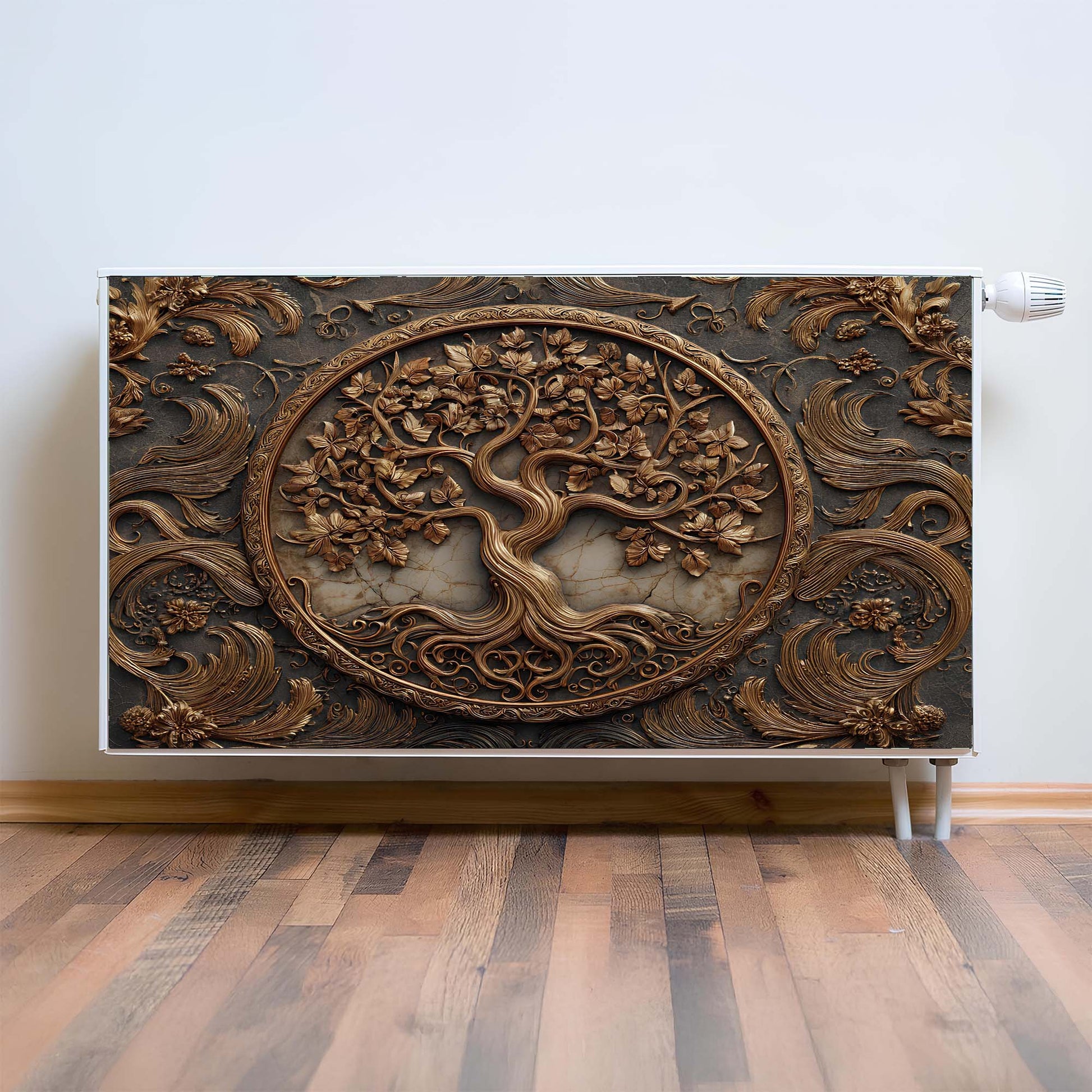 Decorative magnetic radiator cover  with tree design on a radiator against a white wall.