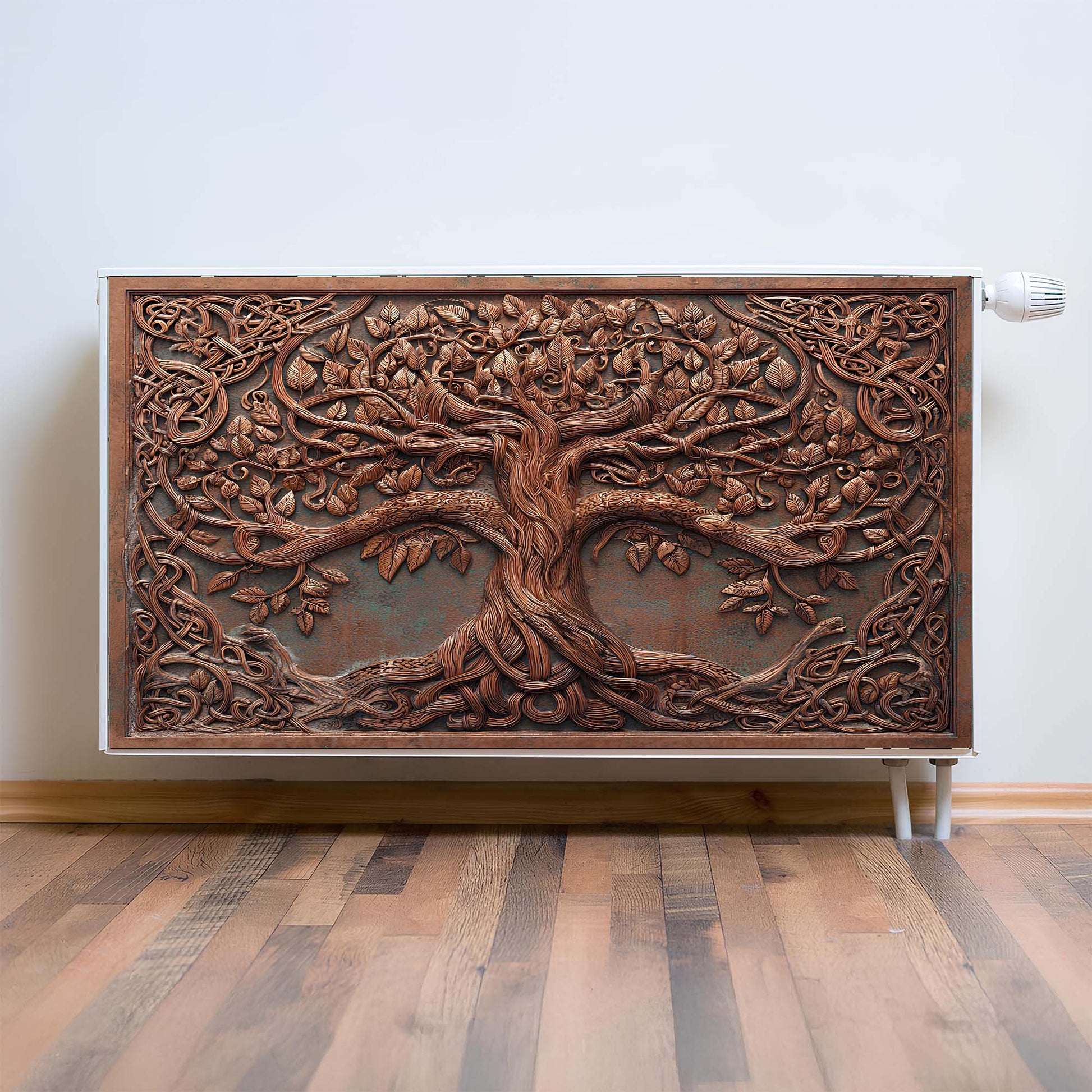 Decorative magnetic radiator cover  with tree design on a wall.