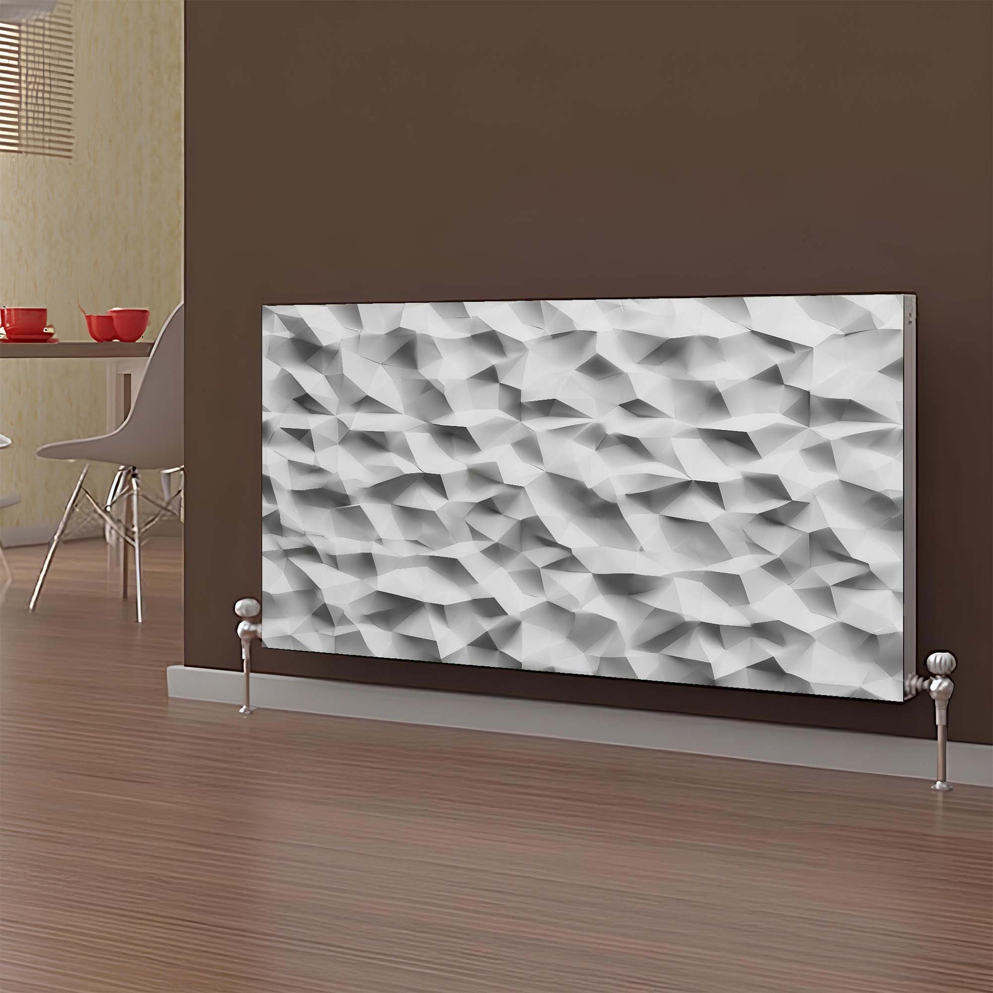 Decorative magnetic radiator cover with geometric pattern on a wall in a room.