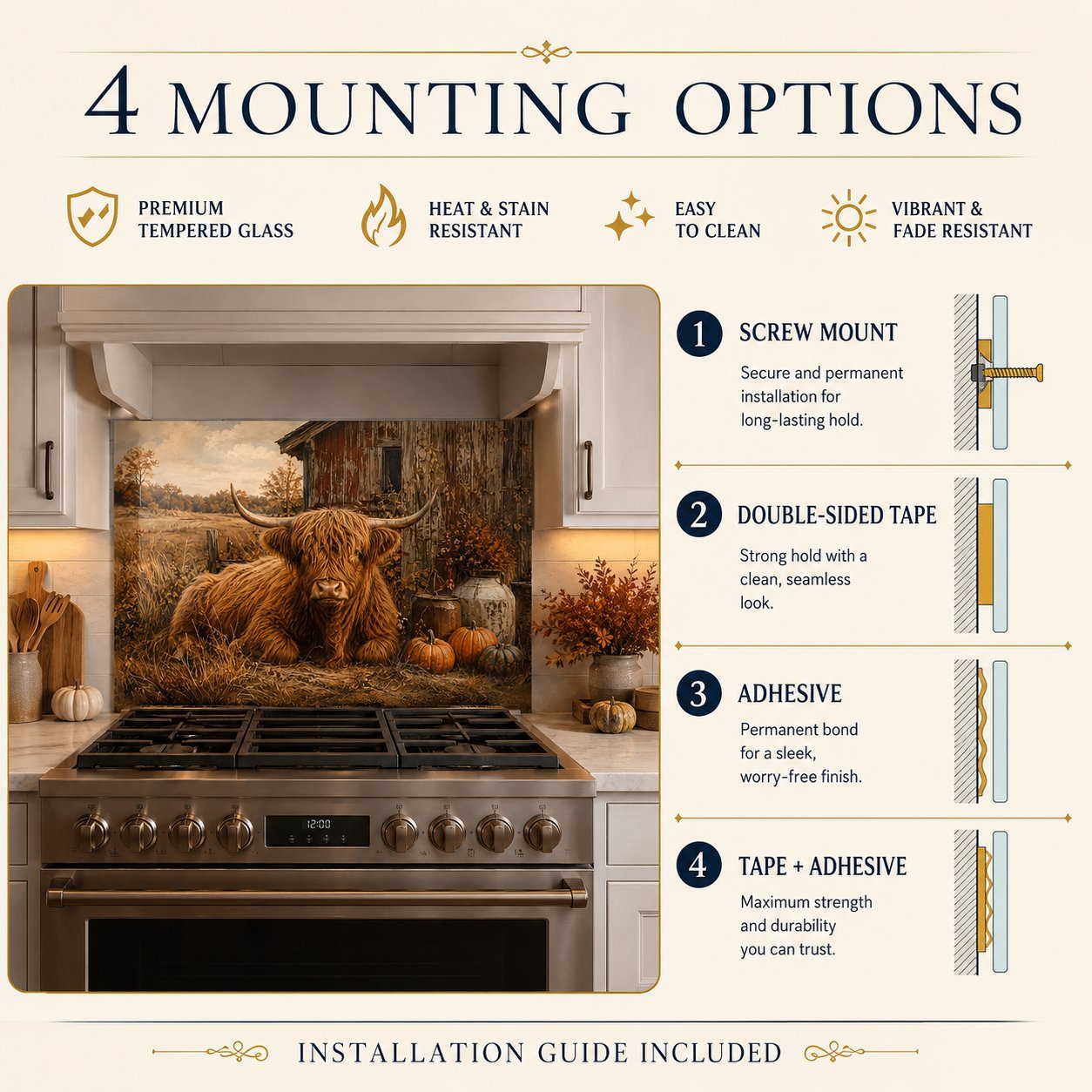 Stainless steel oven with decorative glass panel featuring a bull, accompanied by mounting options and installation guide information.