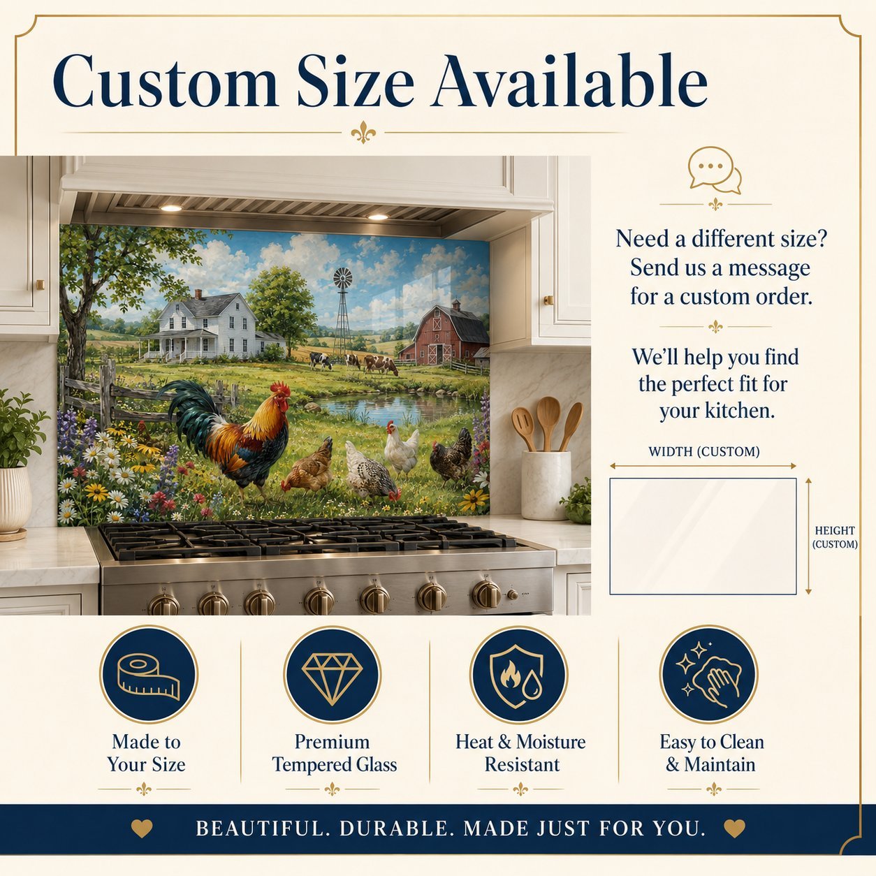 Kitchen backsplash with farm scene and customizable text overlay