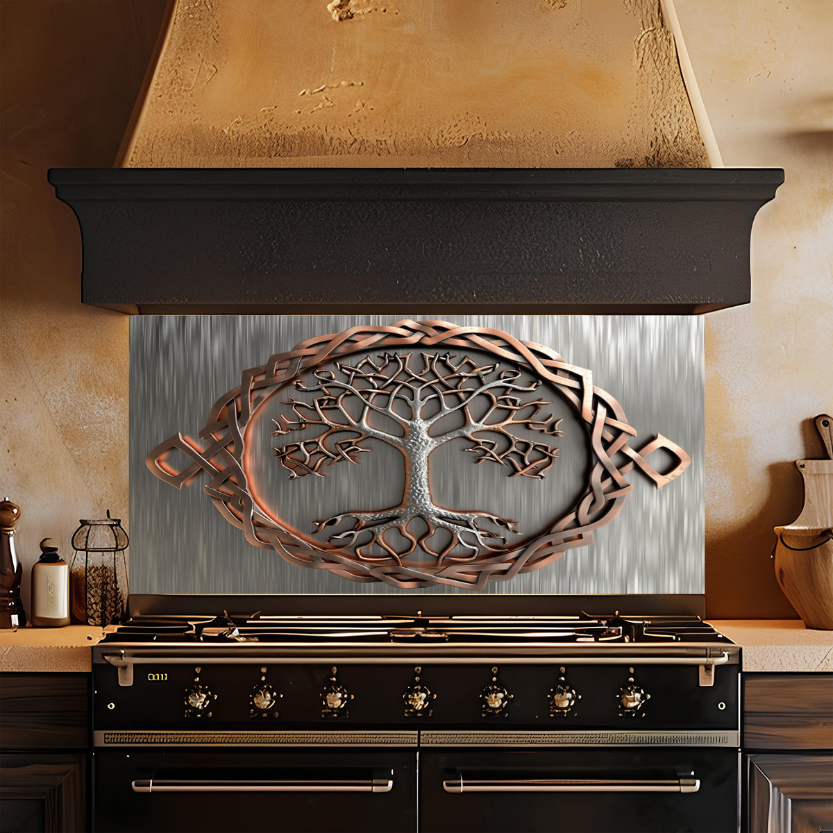 Decorative metal look glass backsplash with tree design above a stove in a kitchen.