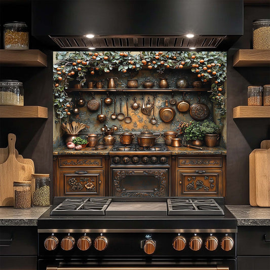 Decorative kitchen backsplash with copper pots and pans, wooden shelves, and a stove.