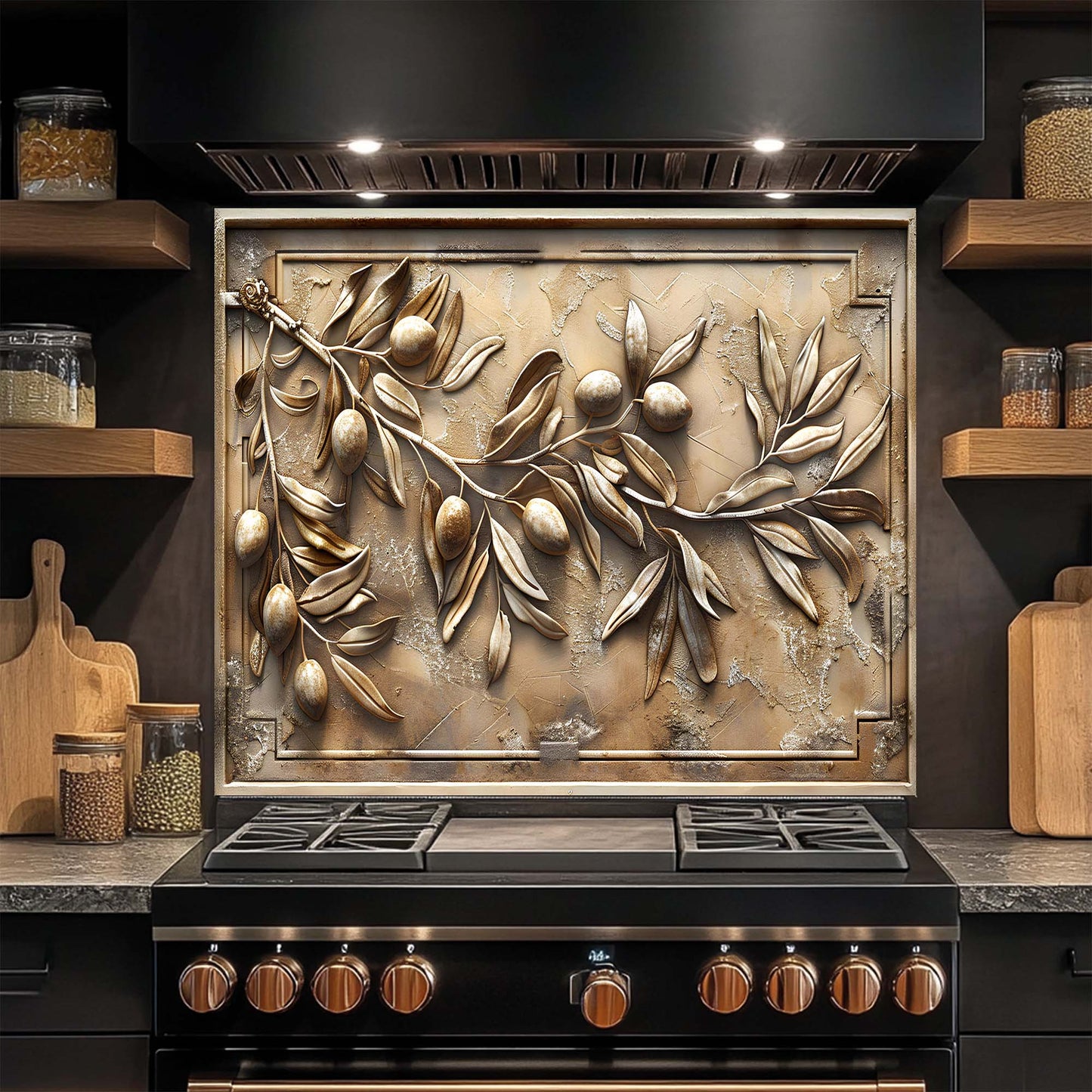 Decorative glass backsplash with leaf design above a stove in a kitchen setting.