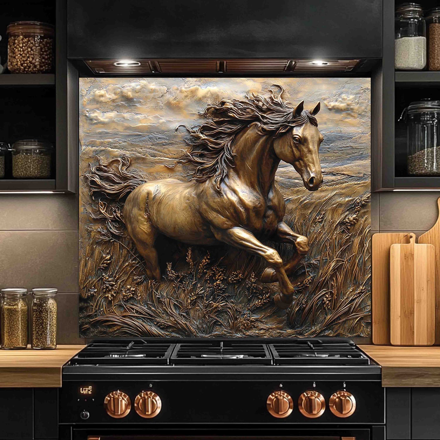 Kitchen stove with a decorative backsplash featuring a horse, surrounded by kitchen items.