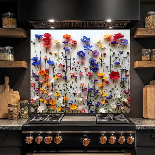 Kitchen stove with a colorful floral glass backsplash