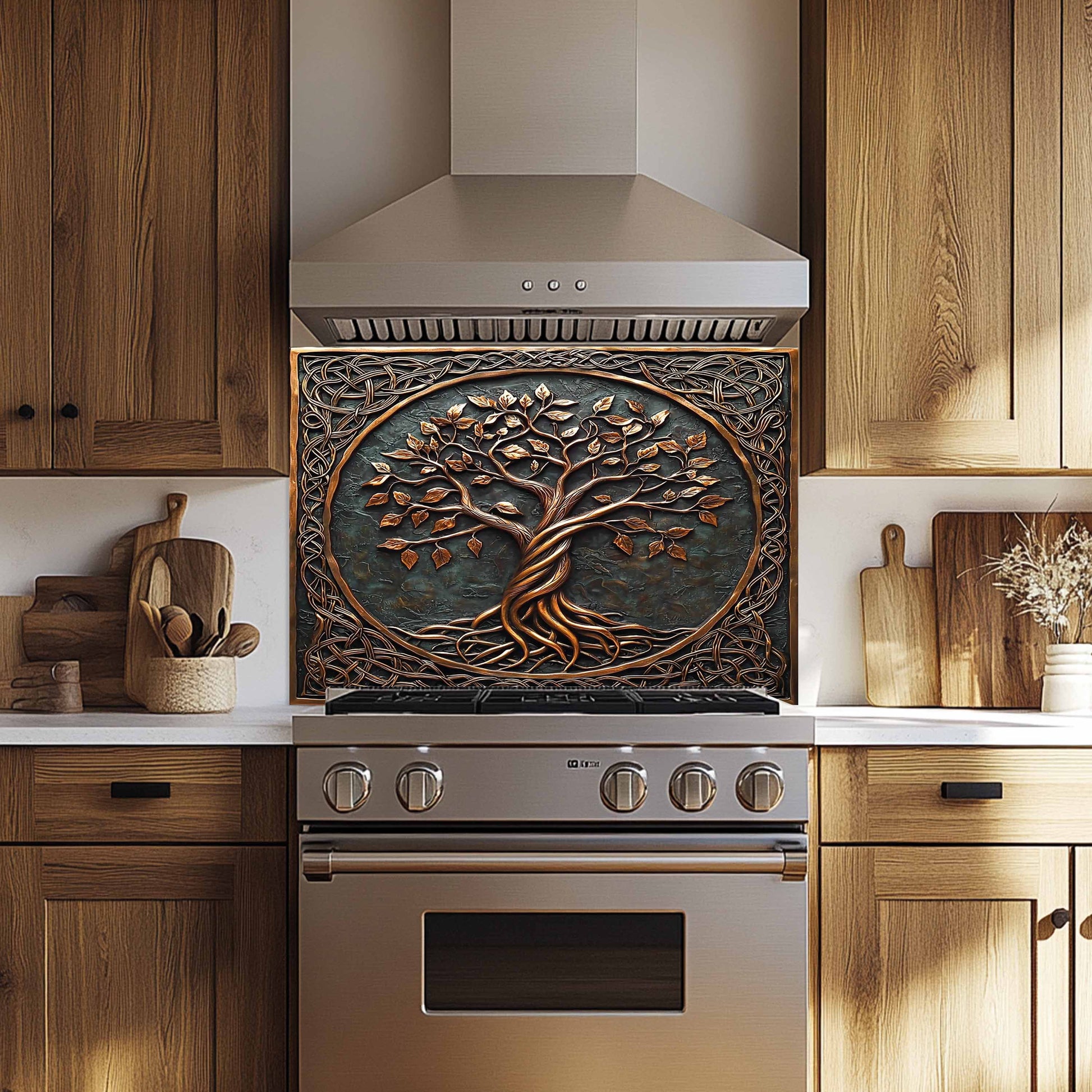 Decorative backsplash with tree design above a stainless steel oven in a kitchen.