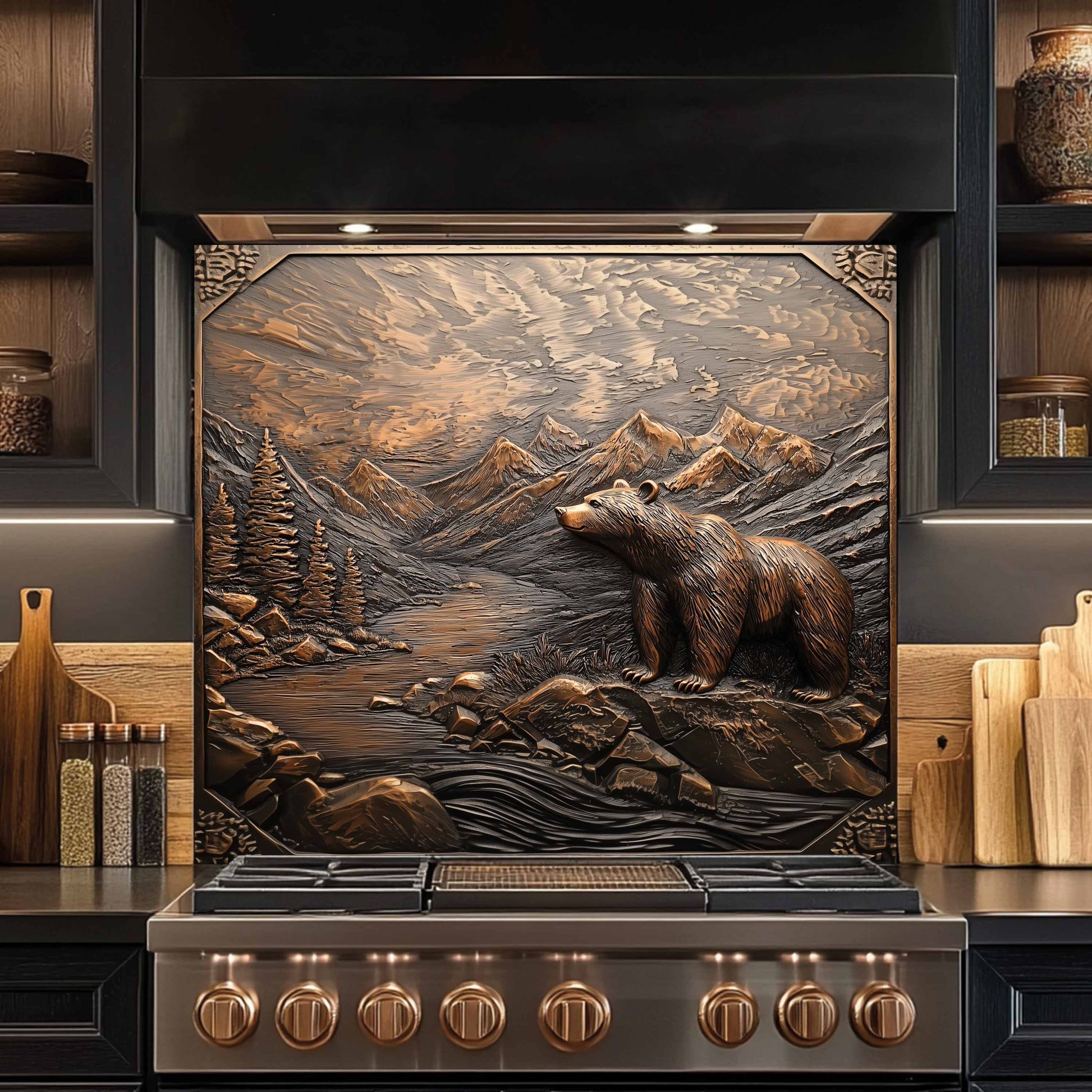 Stainless steel stove with decorative mountain and bear glass backsplash in a kitchen setting