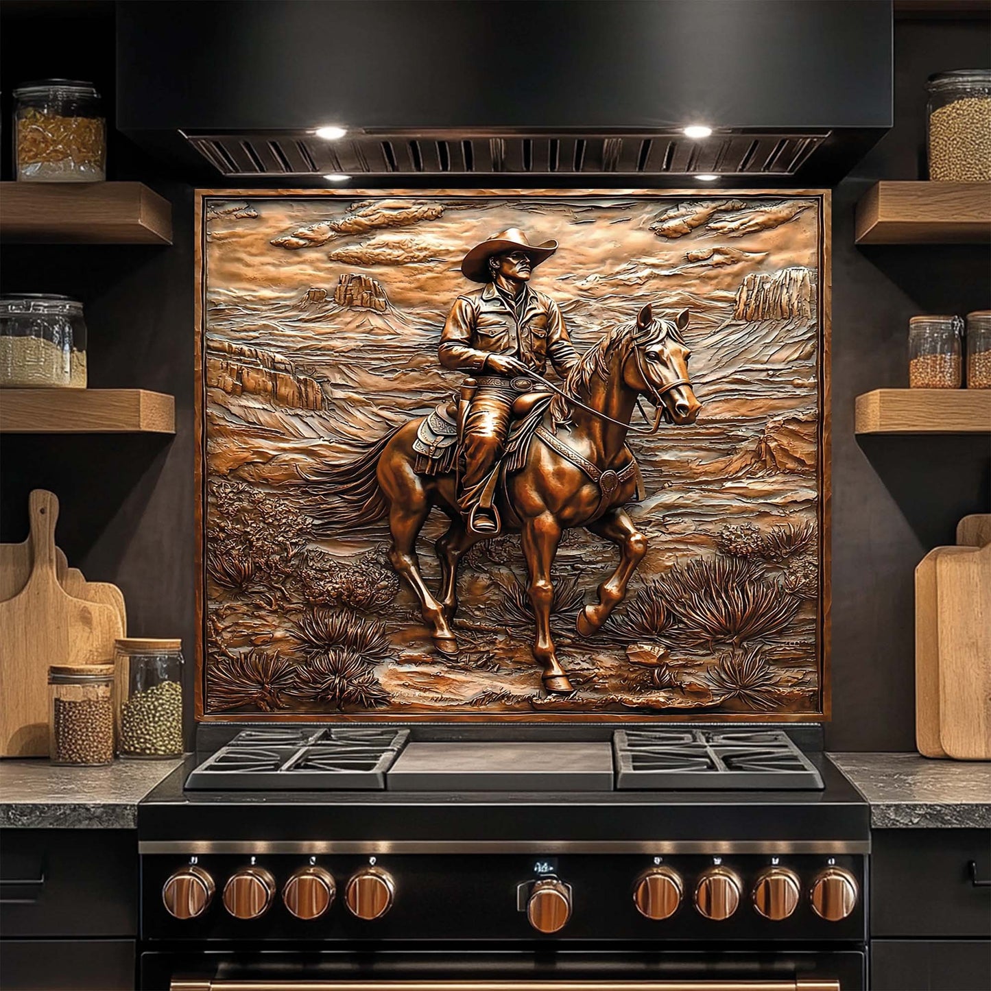 Copper-toned tempered glass backsplash with cowboy riding horse in desert canyon landscape