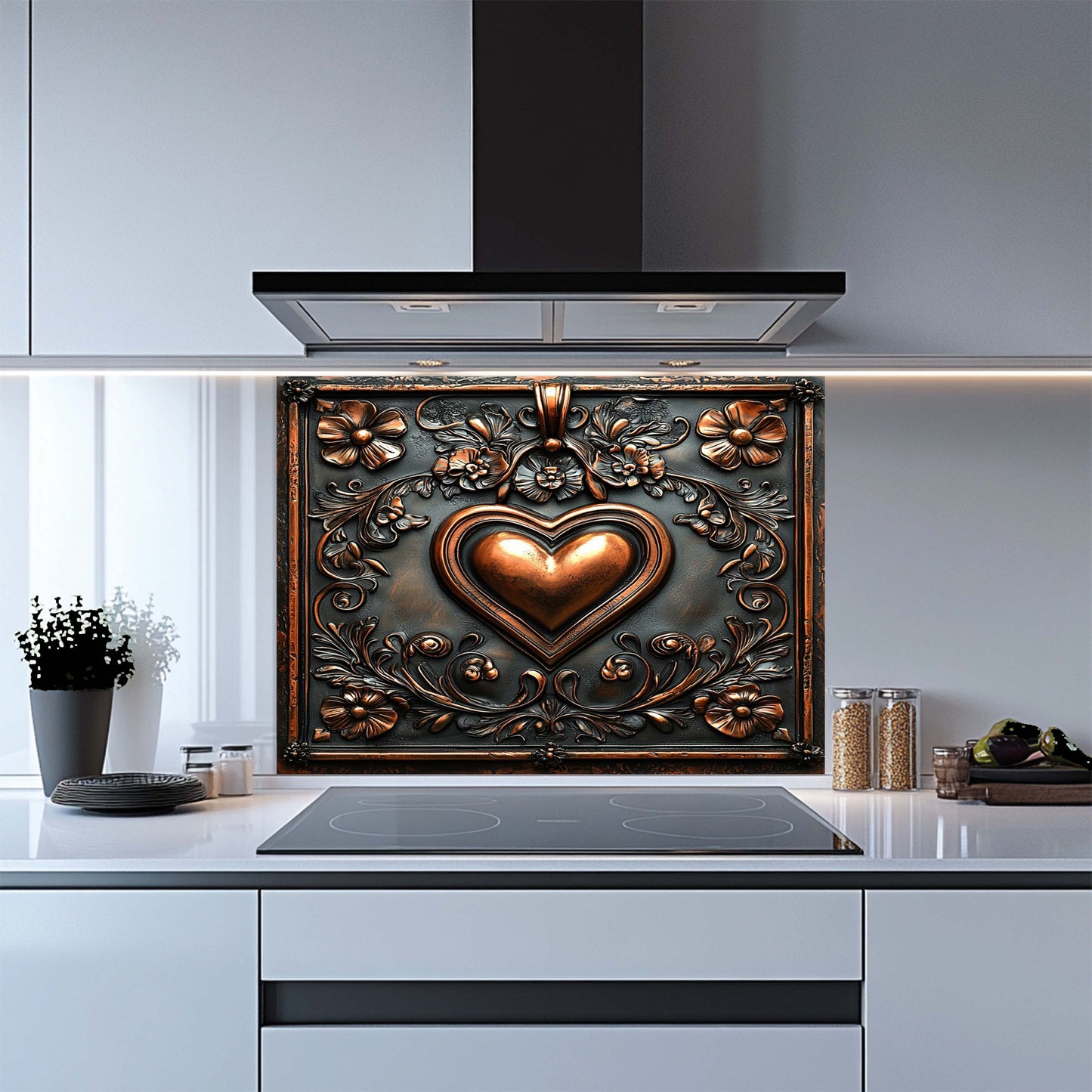 Decorative backsplash with heart design in a modern kitchen