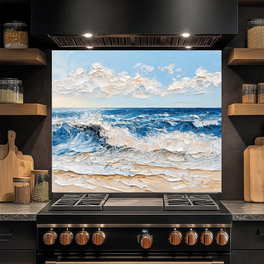 Ocean wave beach design on tempered glass backsplash. Glossy, textured look, easy to clean, custom size backsplash.