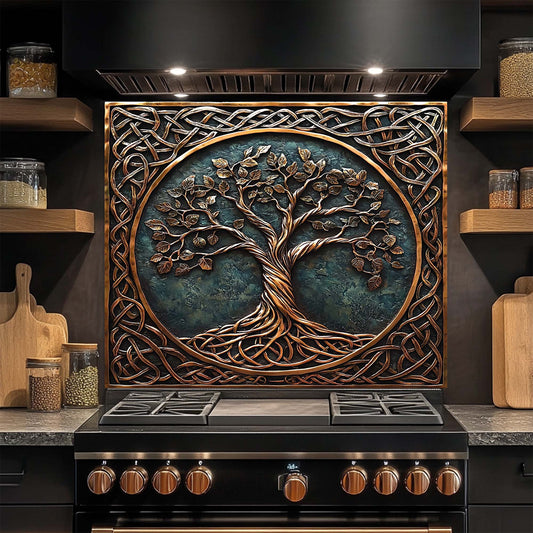 Decorative glass backsplash with a tree design above a stove in a kitchen setting.