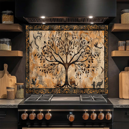 Decorative glass backsplash with a tree design above a stove in a kitchen.
