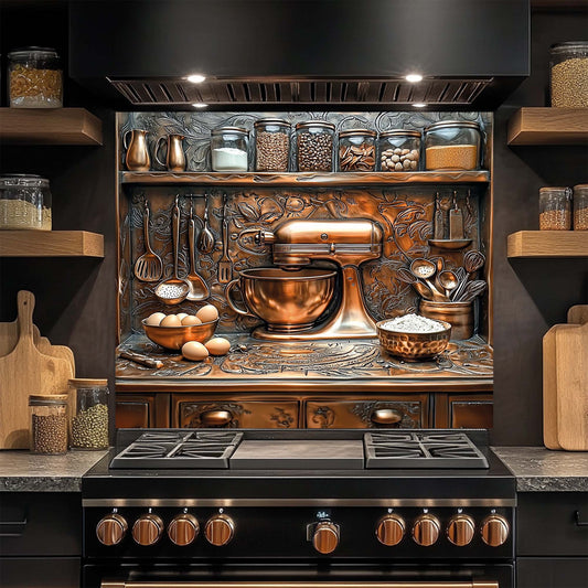 Tempered glass backsplash with copper vintage mixer, flour, eggs, and utensils – rustic baking kitchen decor panel