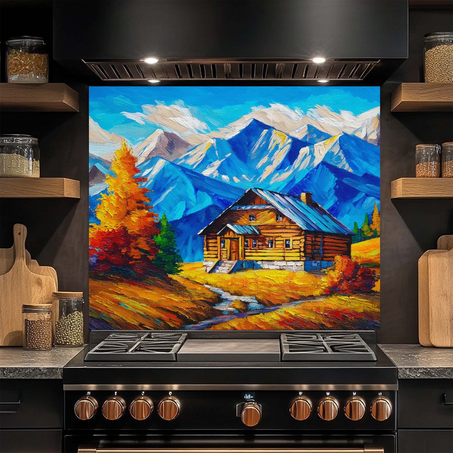 Stainless steel stove with a colorful mountain scene glass backsplash in a kitchen setting.