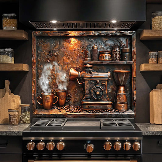 Copper coffee machine and steaming mugs – tempered glass backsplash for kitchen and stove wall.