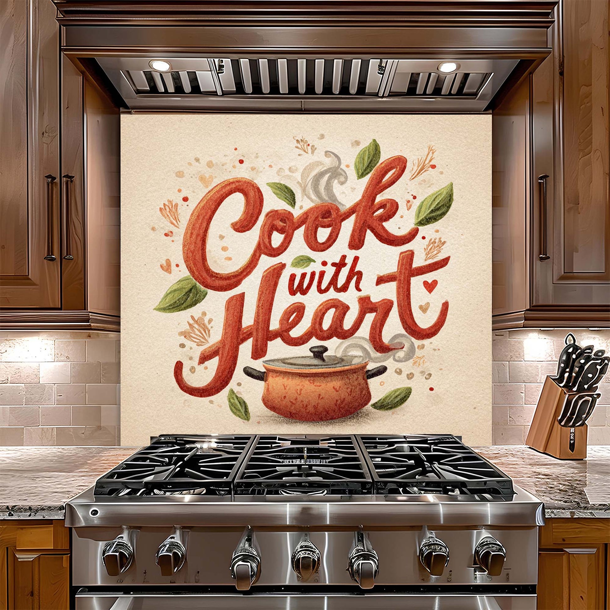 Stainless steel gas stove with decorative backsplash featuring the text 'Cook with Heart' in a kitchen setting.