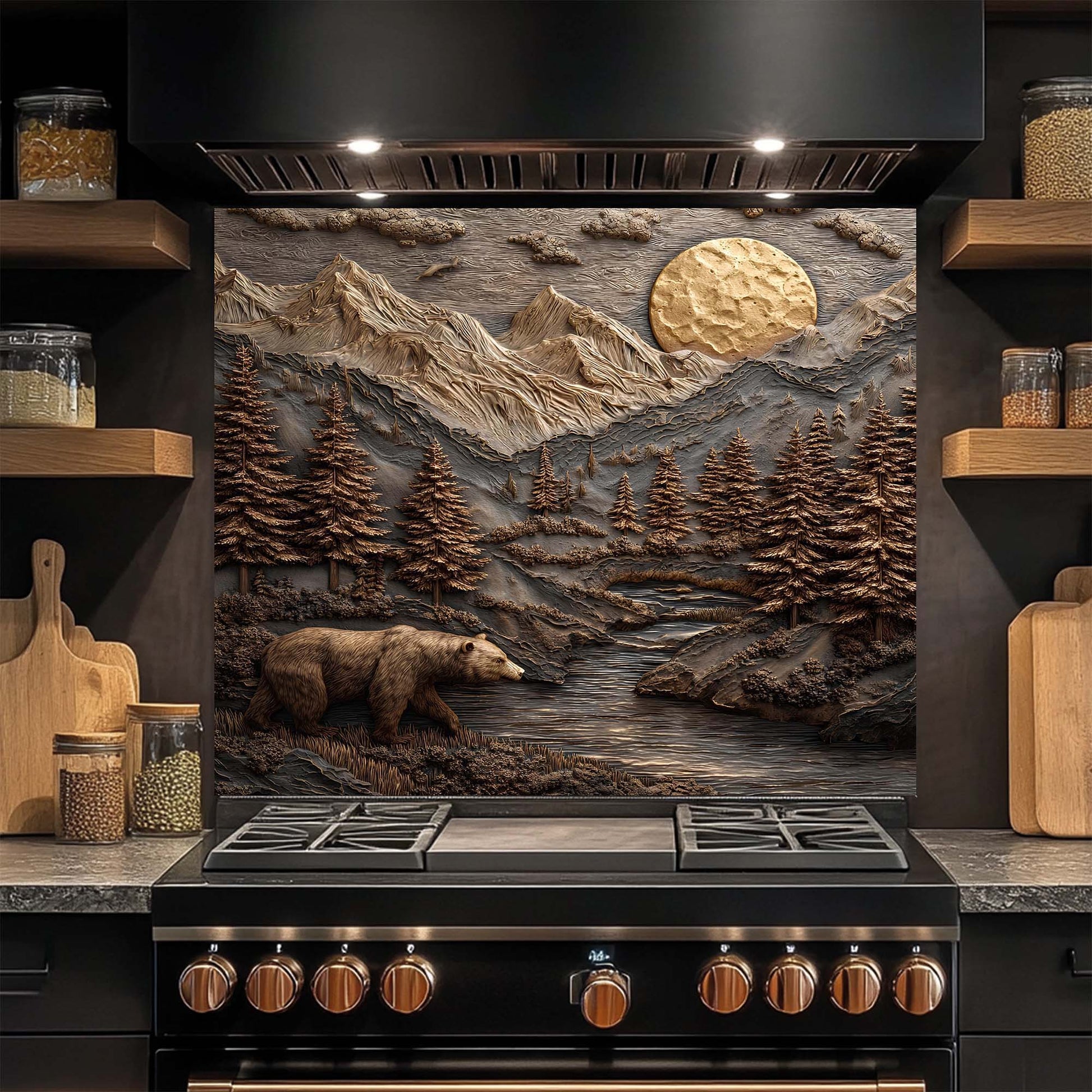 Kitchen stove with a decorative mountain scene glass backsplash