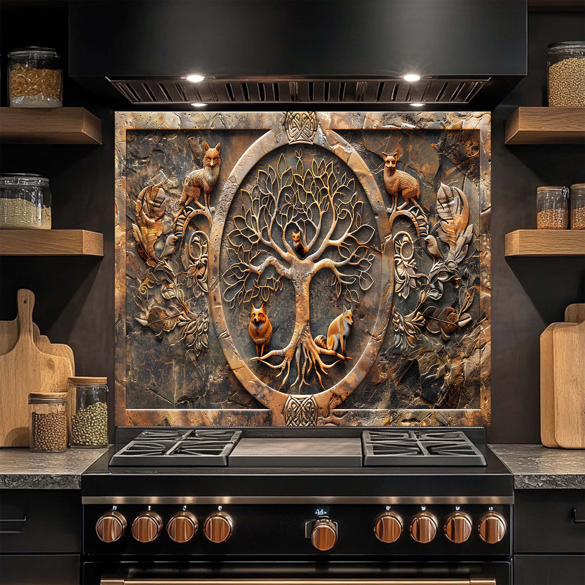 Decorative glass backsplash with tree of life design above a stove in a kitchen.