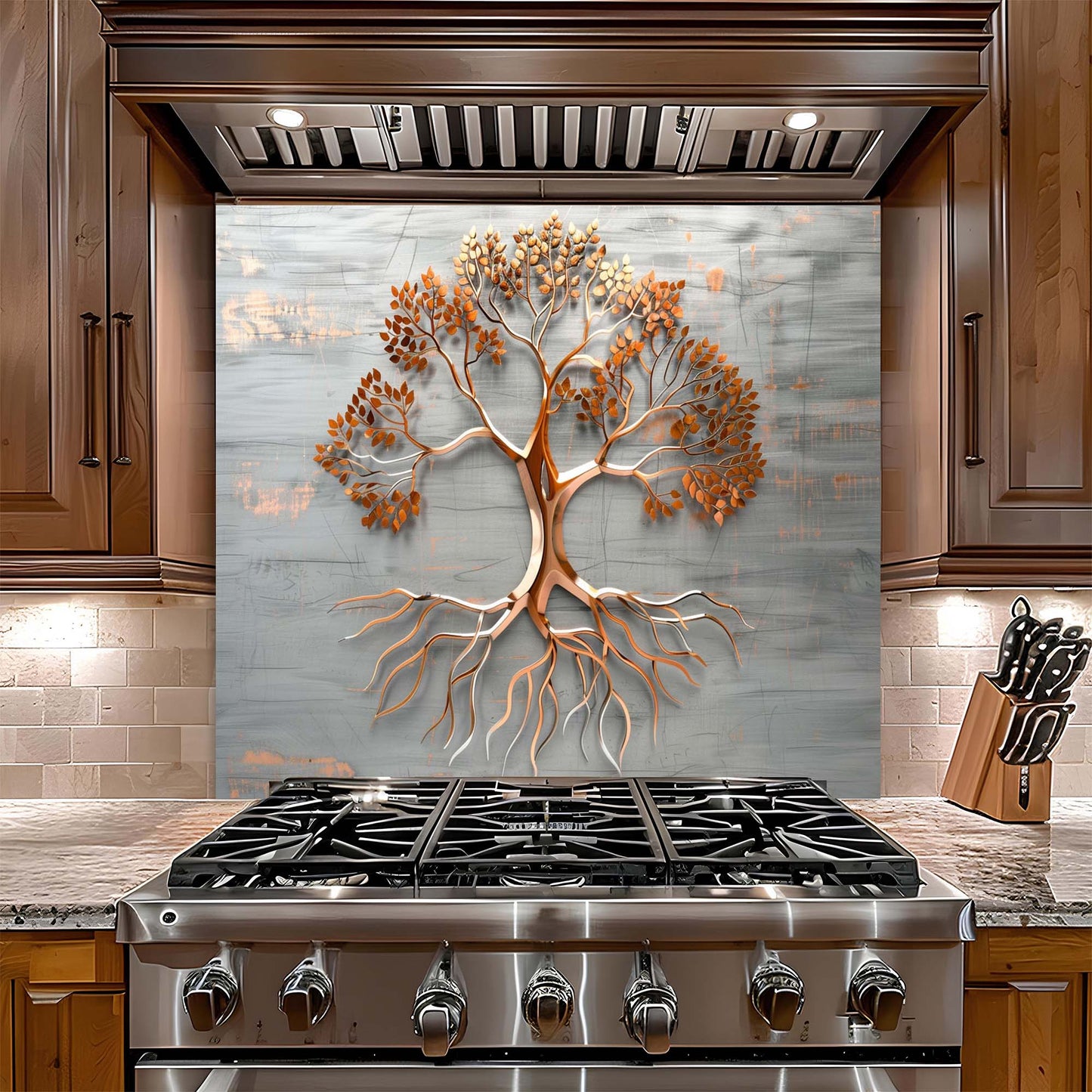 Stainless steel stove with decorative metal tree backsplash in a kitchen setting