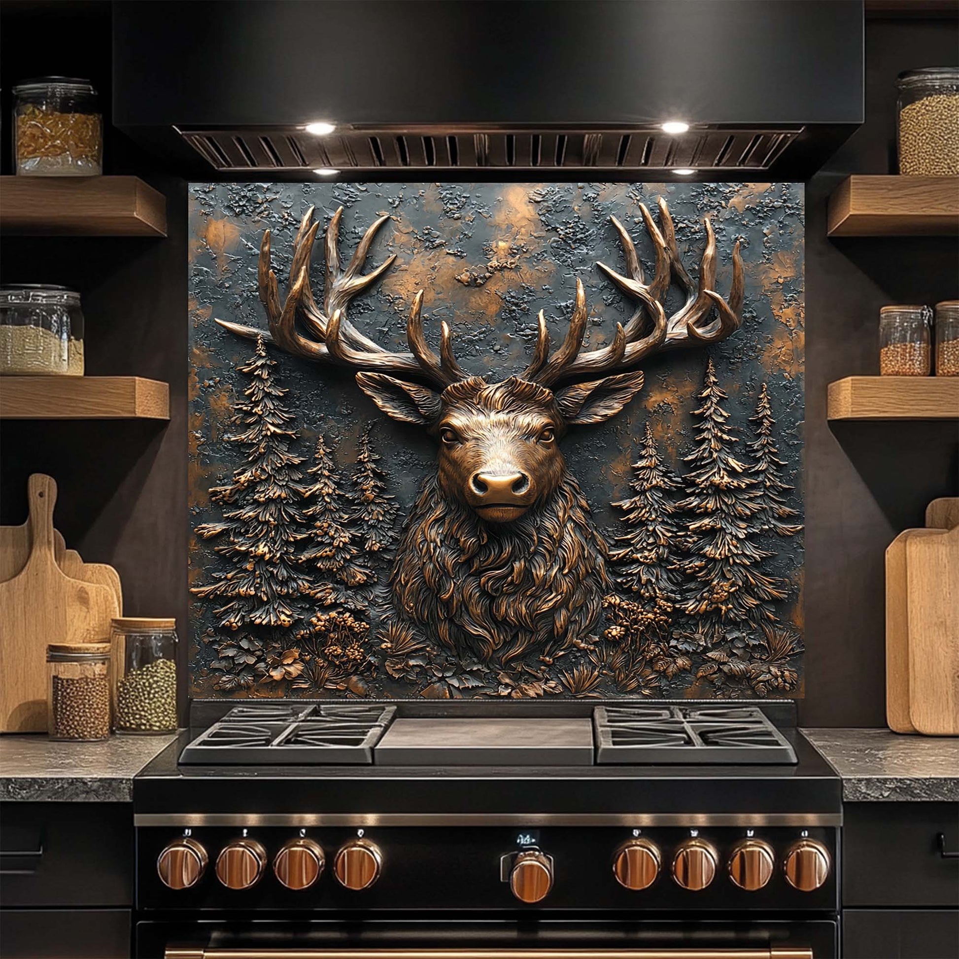 Decorative glass backsplash with a deer head design above a stove in a kitchen.