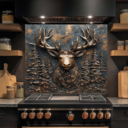Decorative glass backsplash with a deer head design above a stove in a kitchen.