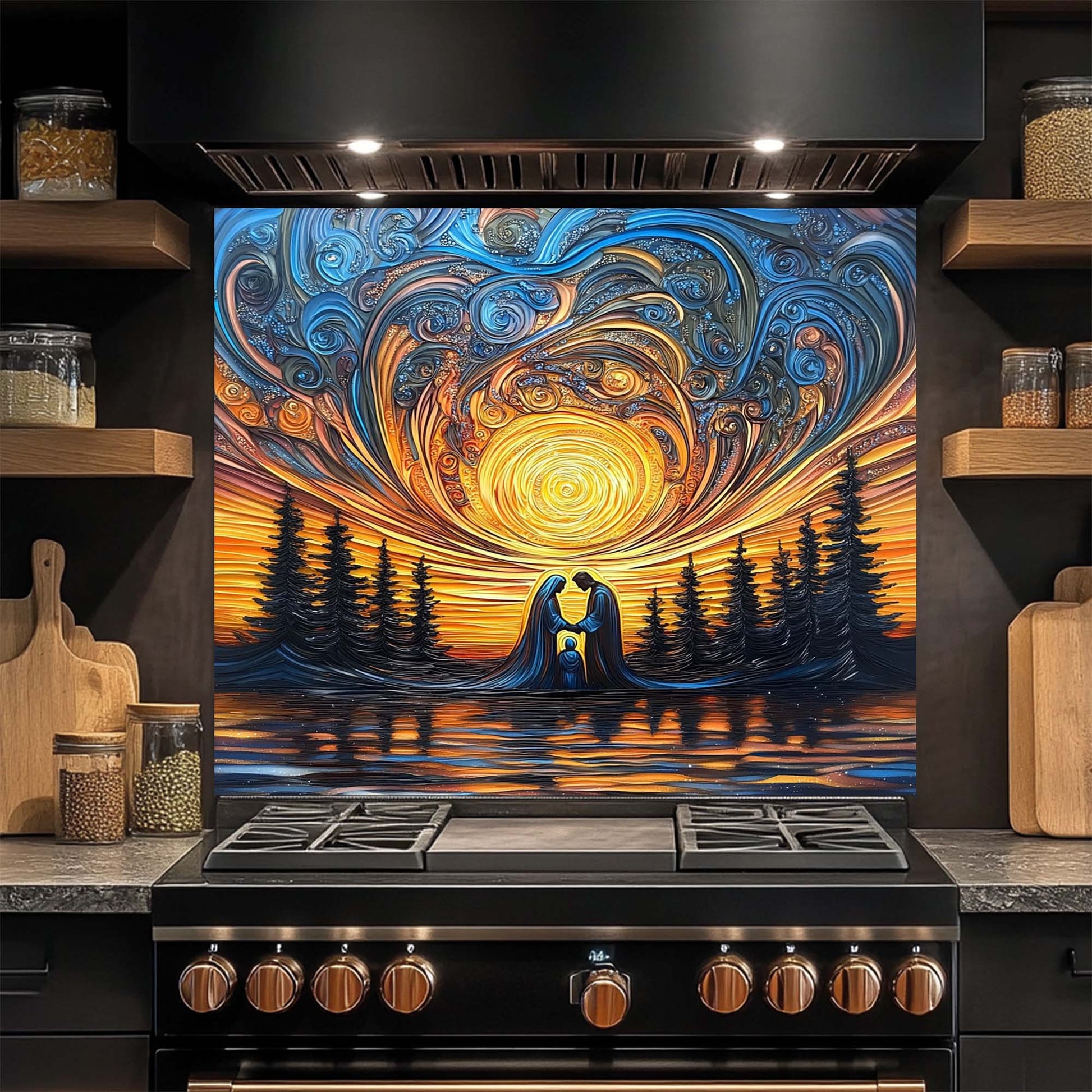 Decorative glass splashback with abstract design of a couple embracing by a lake, installed above a stove in a kitchen.
