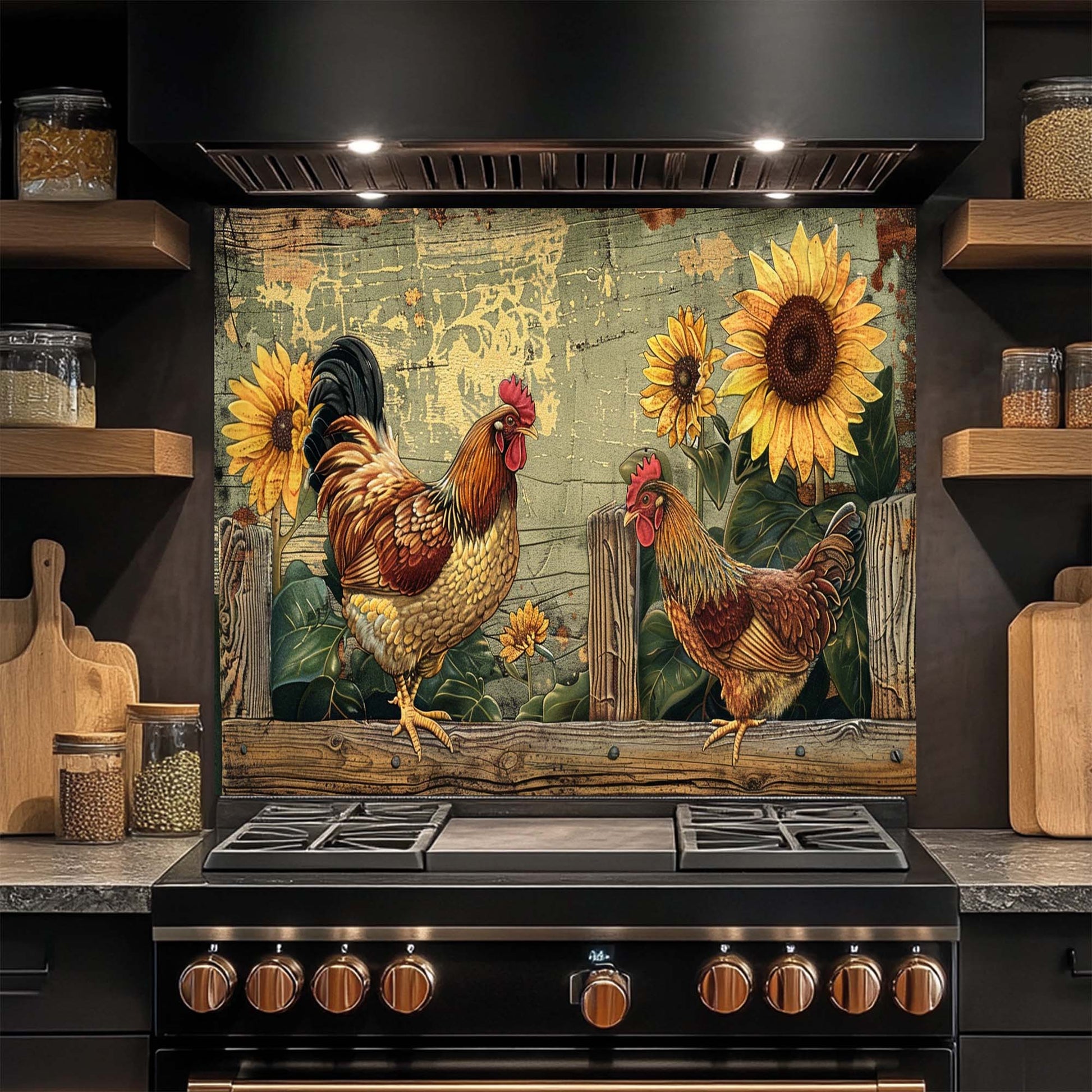 Kitchen stove with a decorative glass backsplash featuring roosters and sunflowers.