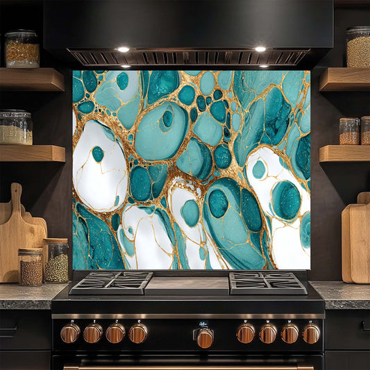 Stainless steel stove with a decorative glass backsplash featuring teal and gold abstract design in a kitchen setting.