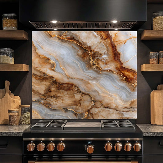 Stainless steel stove with glass backsplash in a kitchen setting