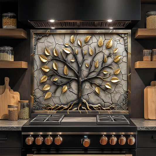 Decorative glass backsplash with a tree design above a stove in a kitchen setting.