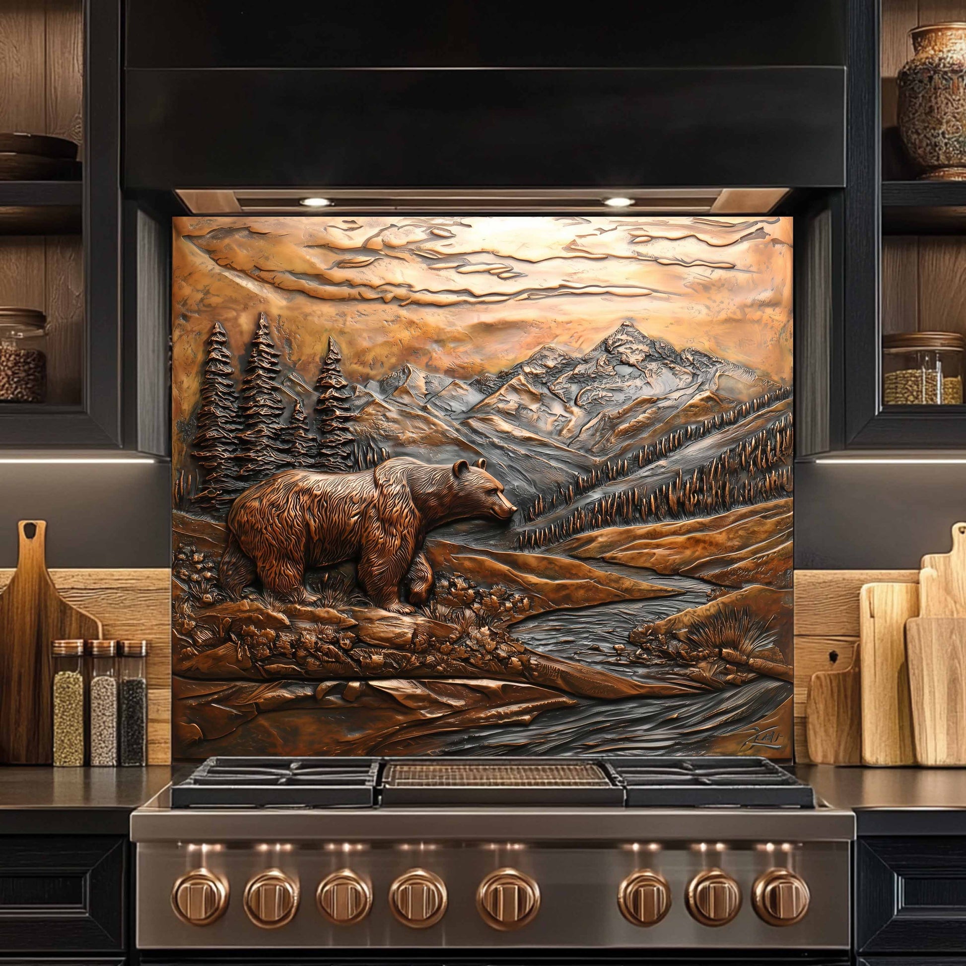 Stainless steel stove with decorative mountain scene backsplash