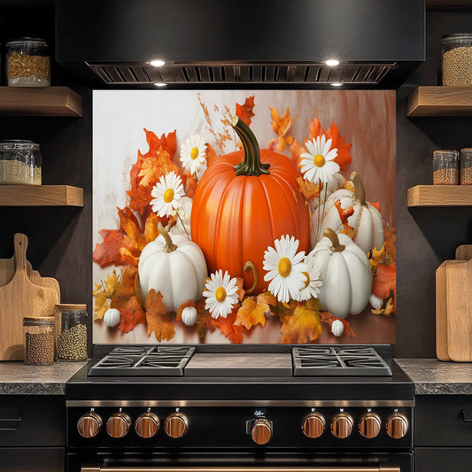 Decorative backsplash with pumpkins, leaves, and flowers above a stove in a kitchen.