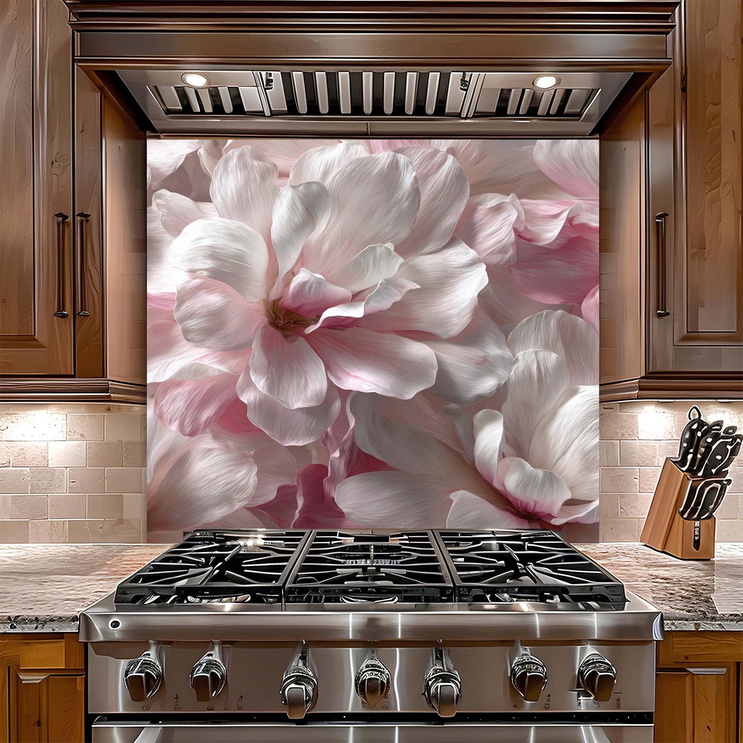 Stainless steel stove with a decorative glass backsplash featuring pink flowers in a kitchen setting.